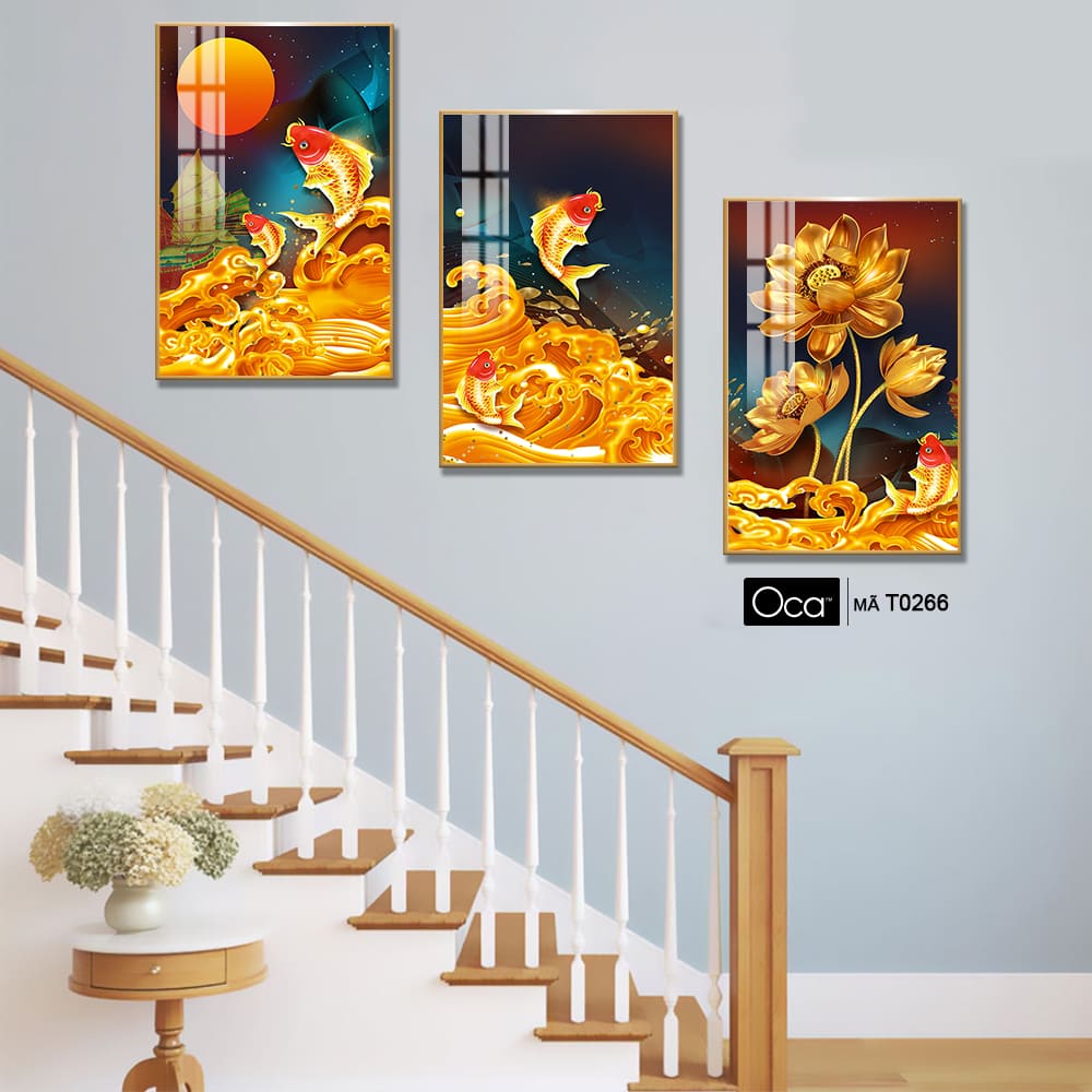Lý ngư vọng nguyệt | Bộ 3 tranh treo cầu thang | Mã T0266| Oca - Ảnh 4