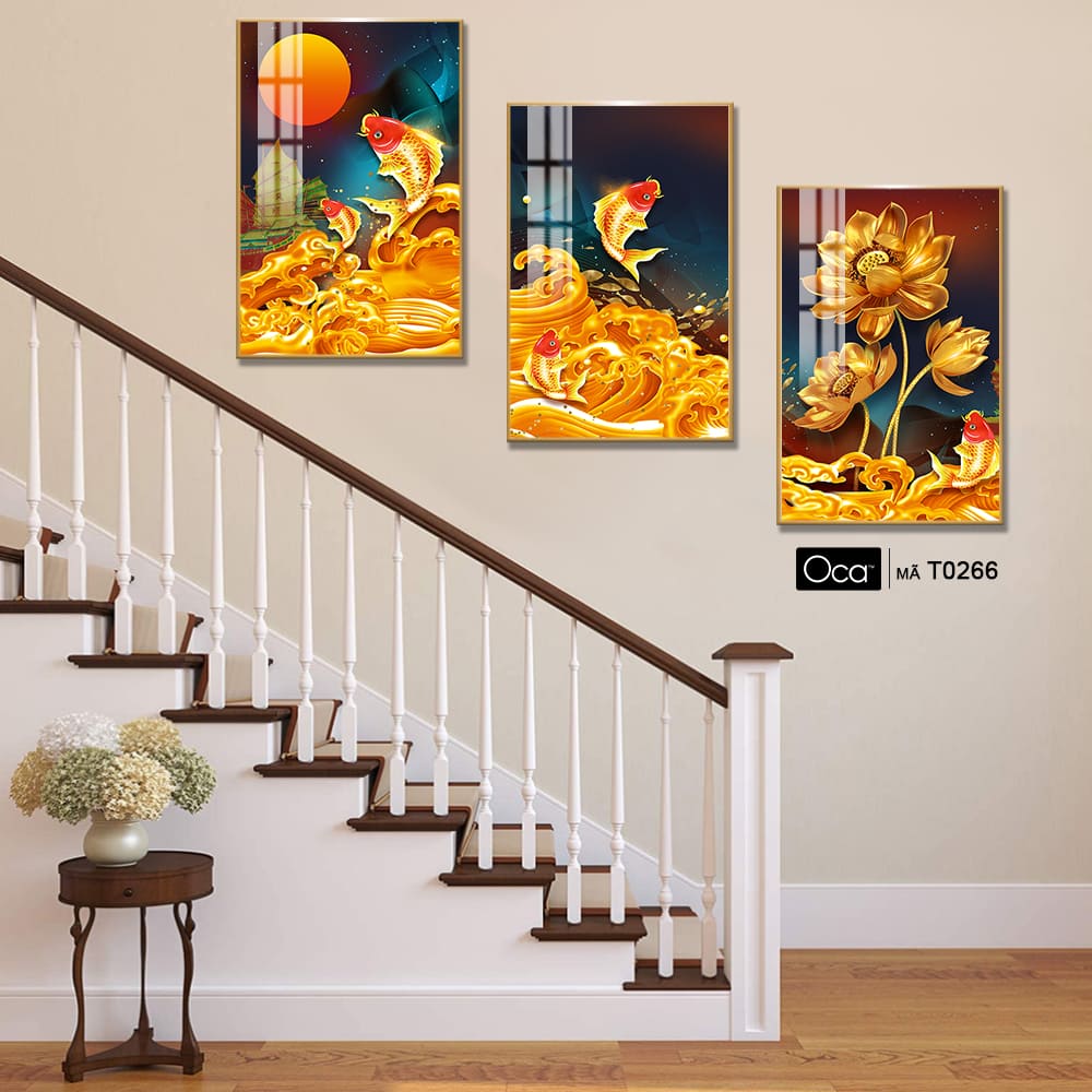 Lý ngư vọng nguyệt | Bộ 3 tranh treo cầu thang | Mã T0266| Oca - Ảnh 3