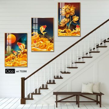 Alternative view of Lý ngư vọng nguyệt | Bộ 3 tranh treo cầu thang | Mã T0266| Oca