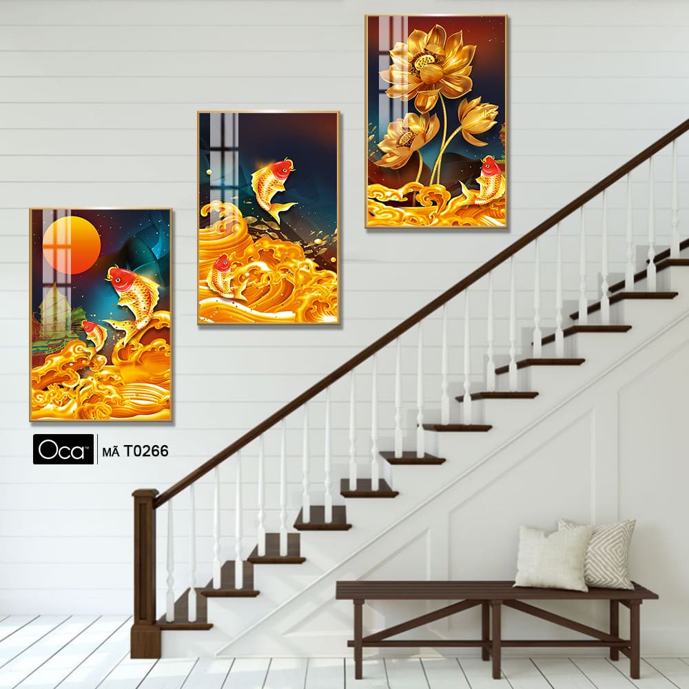 Lý ngư vọng nguyệt | Bộ 3 tranh treo cầu thang | Mã T0266| Oca - Ảnh 2