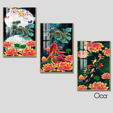 Cá chép trông trăng | Bộ 3 tranh treo cầu thang | Mã T0267 | Oca