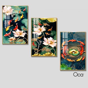 Cá chép trông trăng | Bộ 3 tranh treo cầu thang | Mã T0268 | Oca