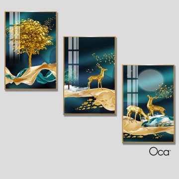 Hươu tài lộc | Bộ 3 tranh treo cầu thang | Mã T0285 | Oca