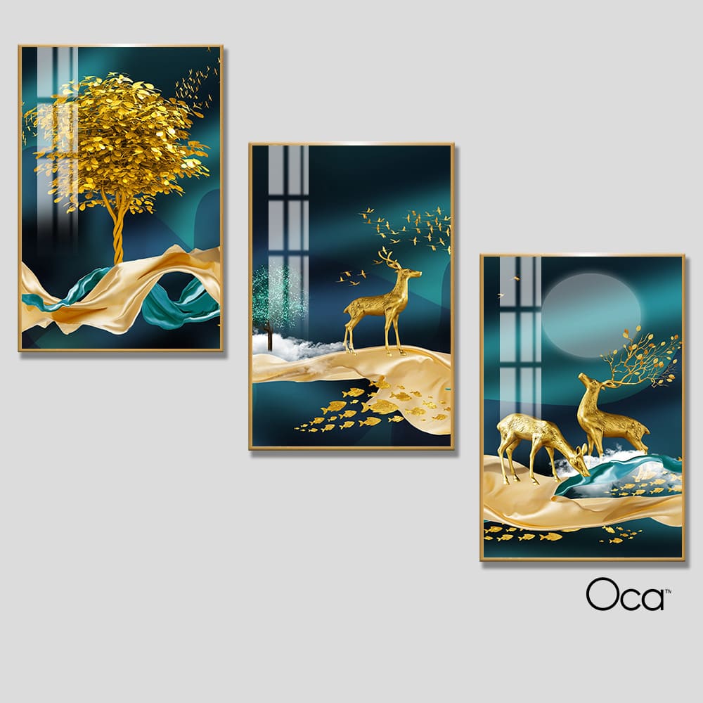 Hươu tài lộc | Bộ 3 tranh treo cầu thang | Mã T0285 | Oca