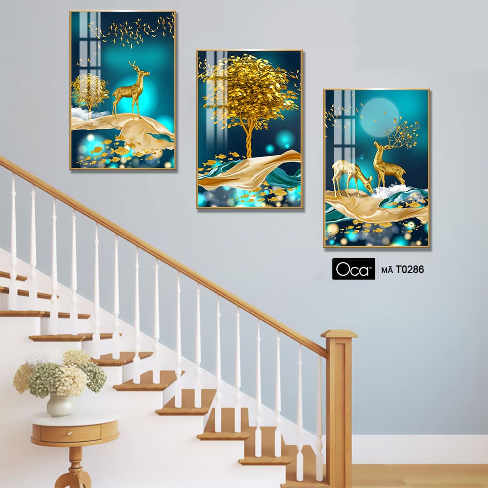 Hươu tài lộc | Bộ 3 tranh treo cầu thang | Mã T0286 | Oca - Ảnh 3