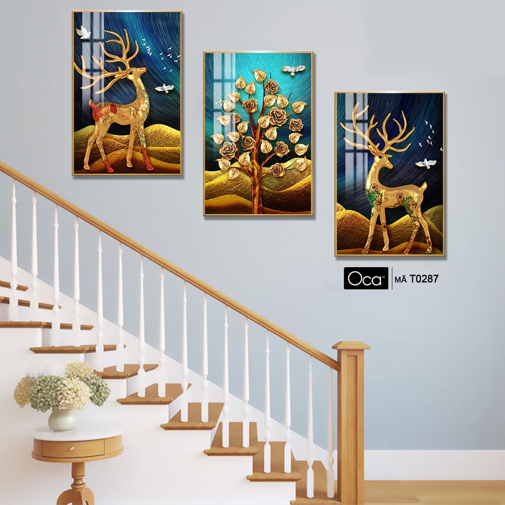 Hươu tài lộc | Bộ 3 tranh treo cầu thang | Mã T0287 | Oca - Ảnh 4