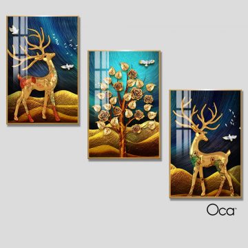 Hươu tài lộc | Bộ 3 tranh treo cầu thang | Mã T0287 | Oca