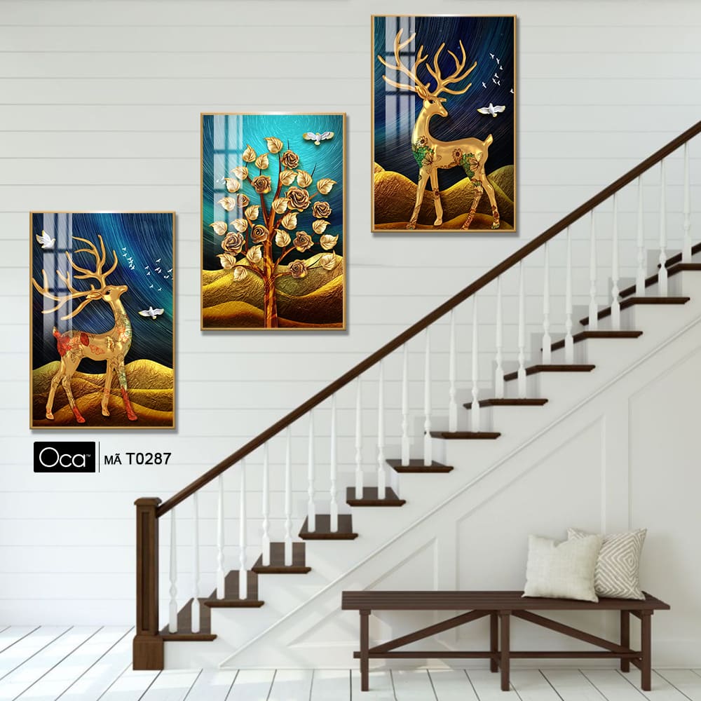 Hươu tài lộc | Bộ 3 tranh treo cầu thang | Mã T0287 | Oca - Ảnh 3