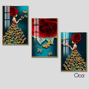 Cô gái và hoa hồng | Bộ 3 tranh treo cầu thang | Mã T0290 | Oca