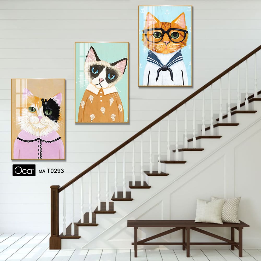 Chú mèo nghệ thuật | Bộ 3 tranh treo cầu thang | Mã T0293 | Oca - Ảnh 3