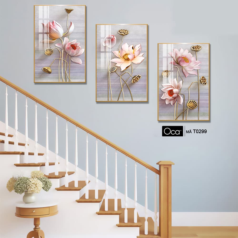 Cánh sen hồng | Bộ 3 tranh treo cầu thang | Mã T0299 | Oca - Ảnh 4