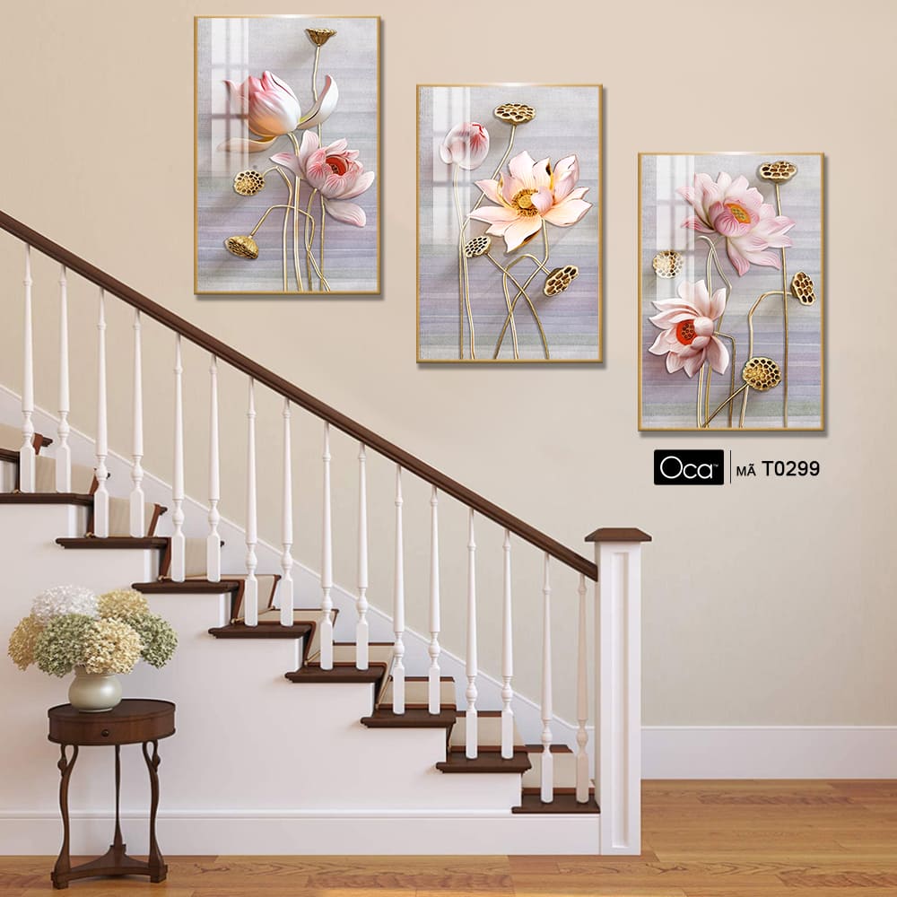 Cánh sen hồng | Bộ 3 tranh treo cầu thang | Mã T0299 | Oca - Ảnh 2
