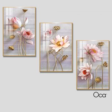 Cánh sen hồng | Bộ 3 tranh treo cầu thang | Mã T0299 | Oca