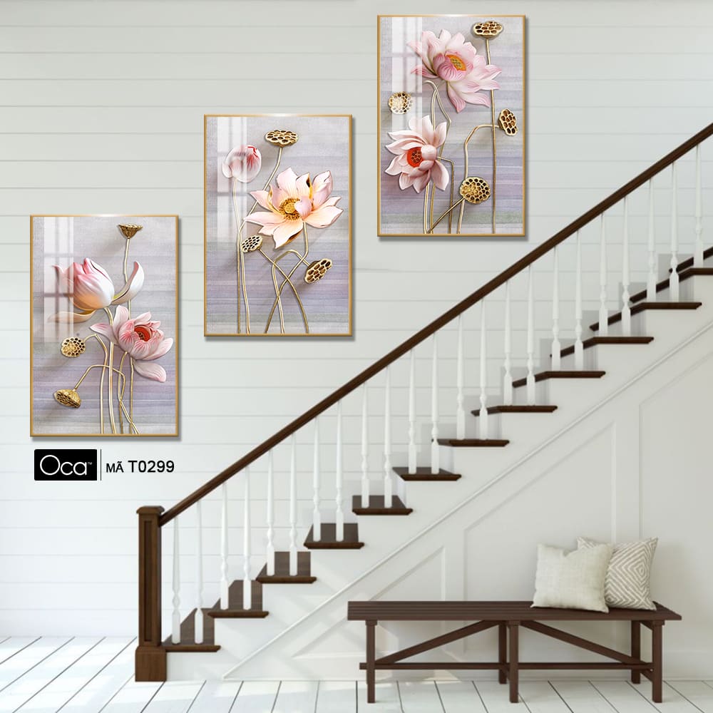 Cánh sen hồng | Bộ 3 tranh treo cầu thang | Mã T0299 | Oca - Ảnh 3
