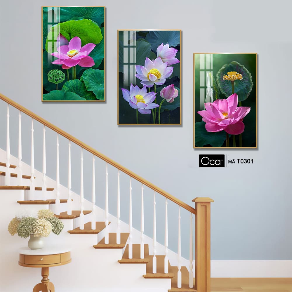 Hoa sen hồng | Bộ 3 tranh treo cầu thang | Mã T0301 | Oca - Ảnh 3
