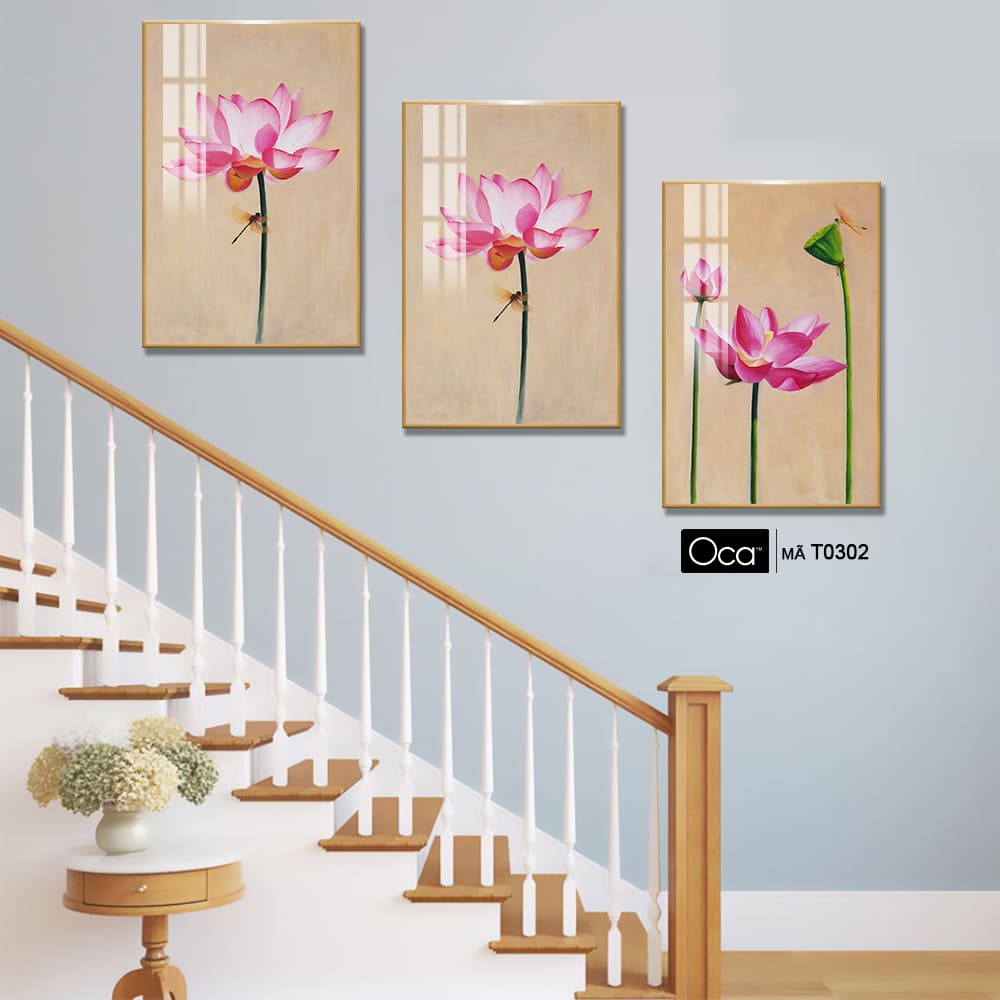 Hoa sen hồng | Bộ 3 tranh treo cầu thang | Mã T0302 | Oca - Ảnh 4