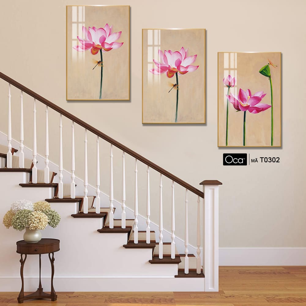 Hoa sen hồng | Bộ 3 tranh treo cầu thang | Mã T0302 | Oca - Ảnh 2