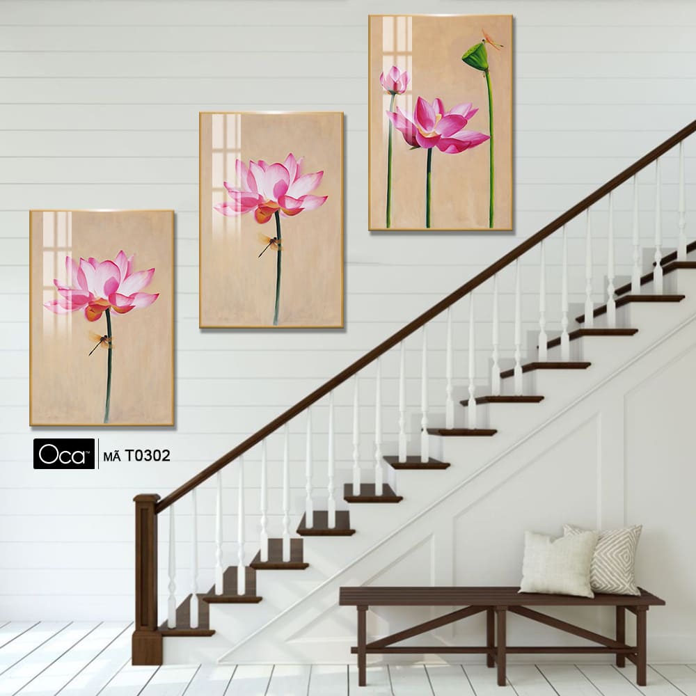Hoa sen hồng | Bộ 3 tranh treo cầu thang | Mã T0302 | Oca - Ảnh 3