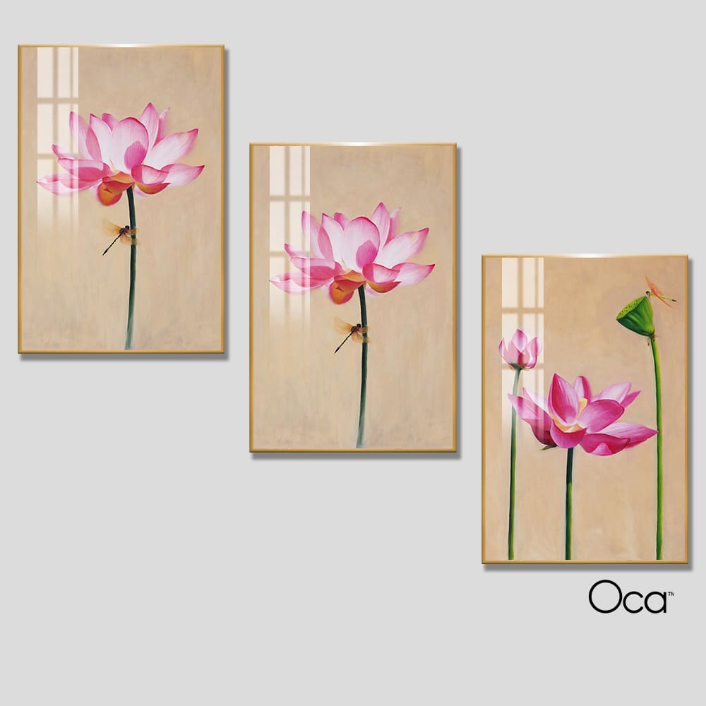 Hoa sen hồng | Bộ 3 tranh treo cầu thang | Mã T0302 | Oca