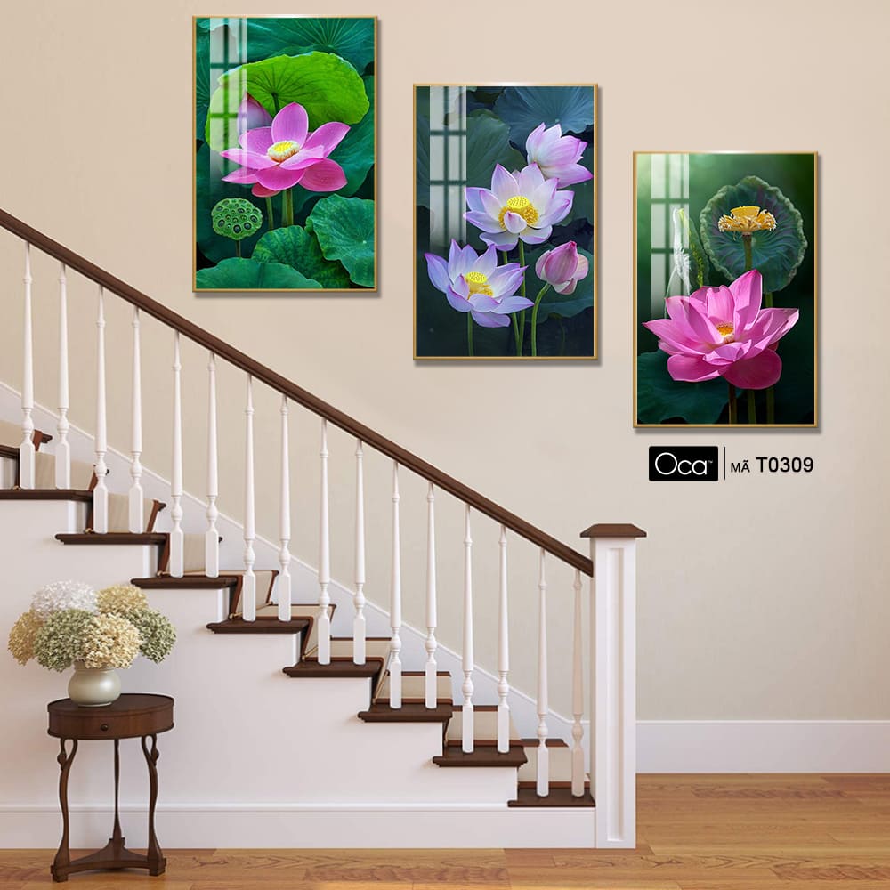 Hoa sen hồng | Bộ 3 tranh treo cầu thang | Mã T0309 | Oca - Ảnh 2