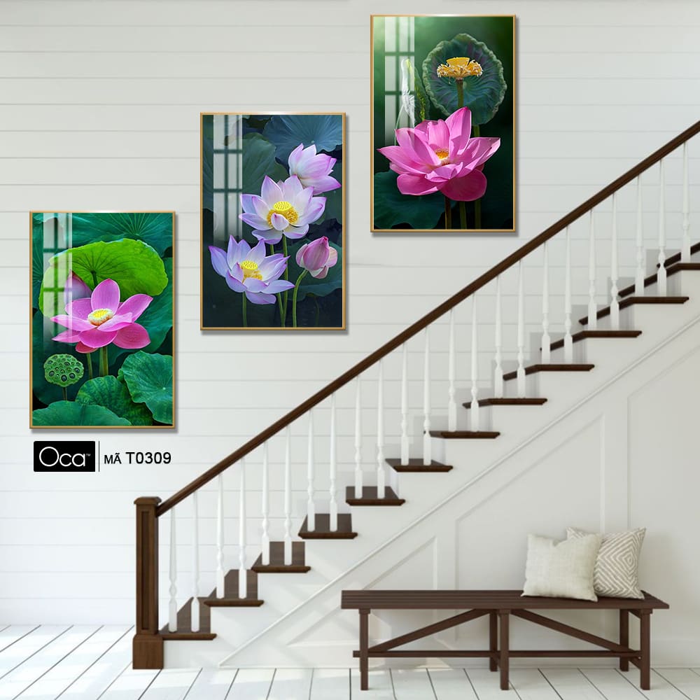 Hoa sen hồng | Bộ 3 tranh treo cầu thang | Mã T0309 | Oca - Ảnh 3