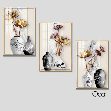 Bình hoa sen | Bộ 3 tranh treo cầu thang | Mã T0317 | Oca