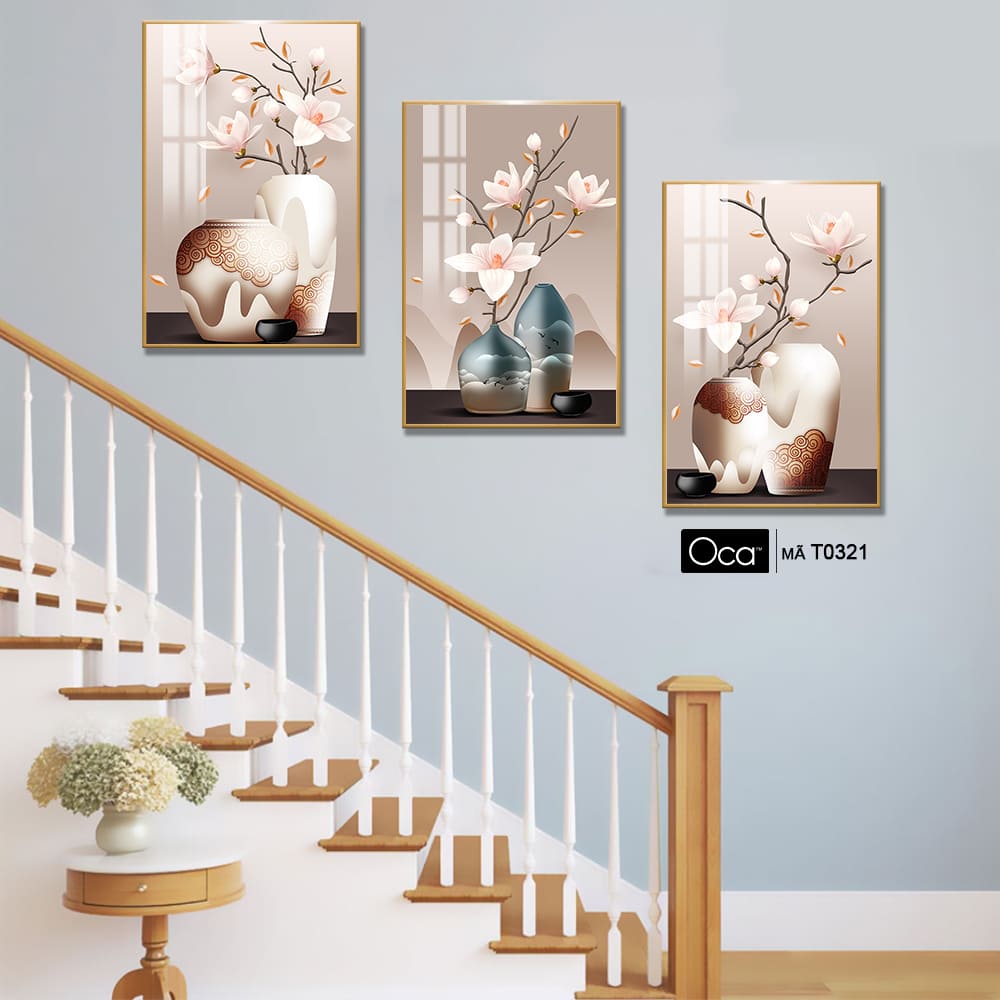 Bình hoa mộc lan | Bộ 3 tranh treo cầu thang | Mã T0321 | Oca - Ảnh 4