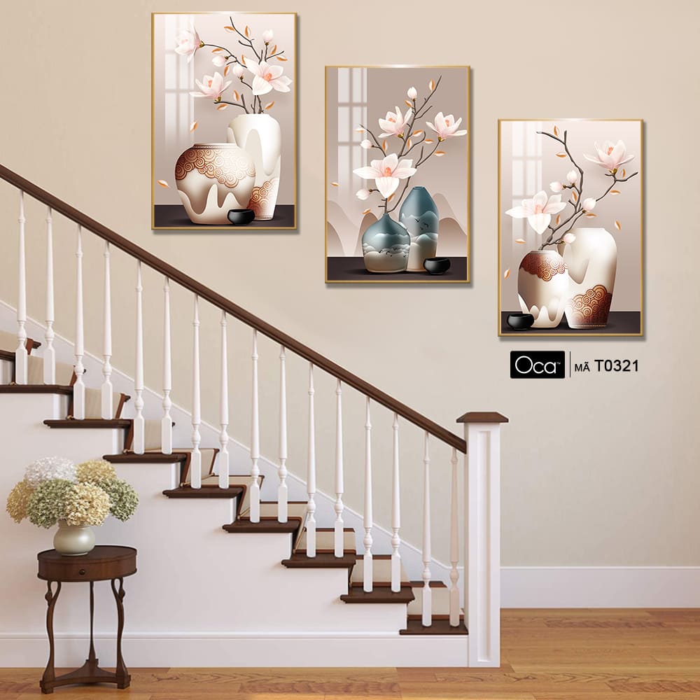 Bình hoa mộc lan | Bộ 3 tranh treo cầu thang | Mã T0321 | Oca - Ảnh 3
