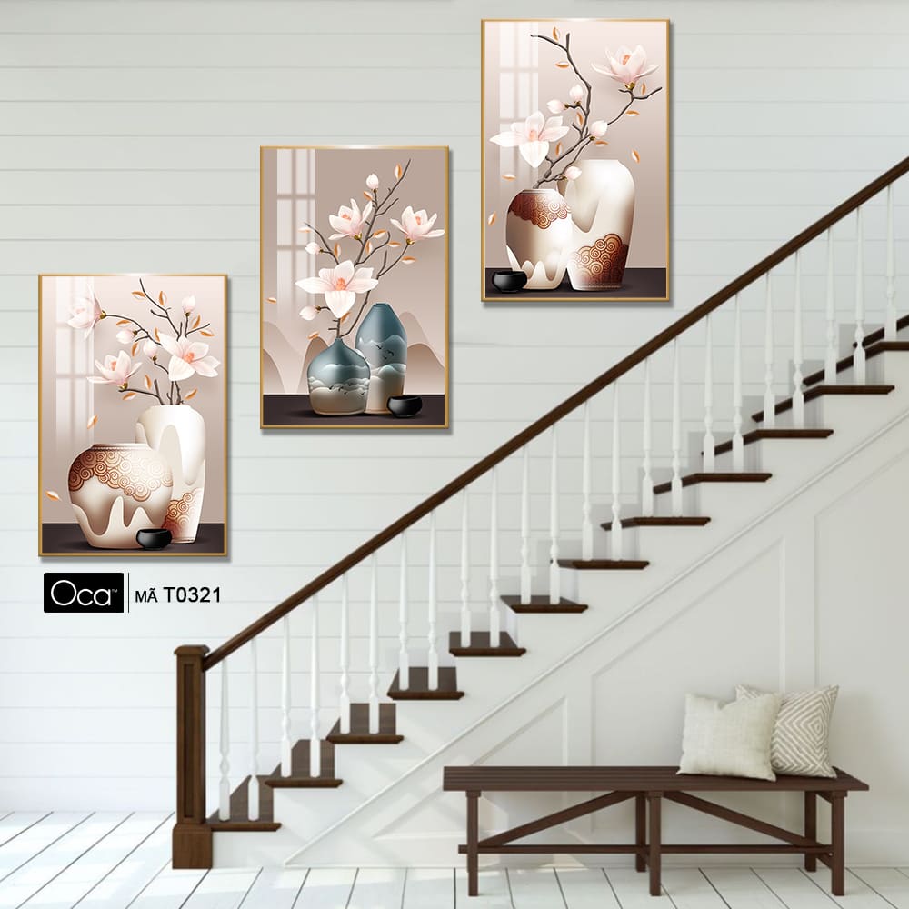 Bình hoa mộc lan | Bộ 3 tranh treo cầu thang | Mã T0321 | Oca - Ảnh 2