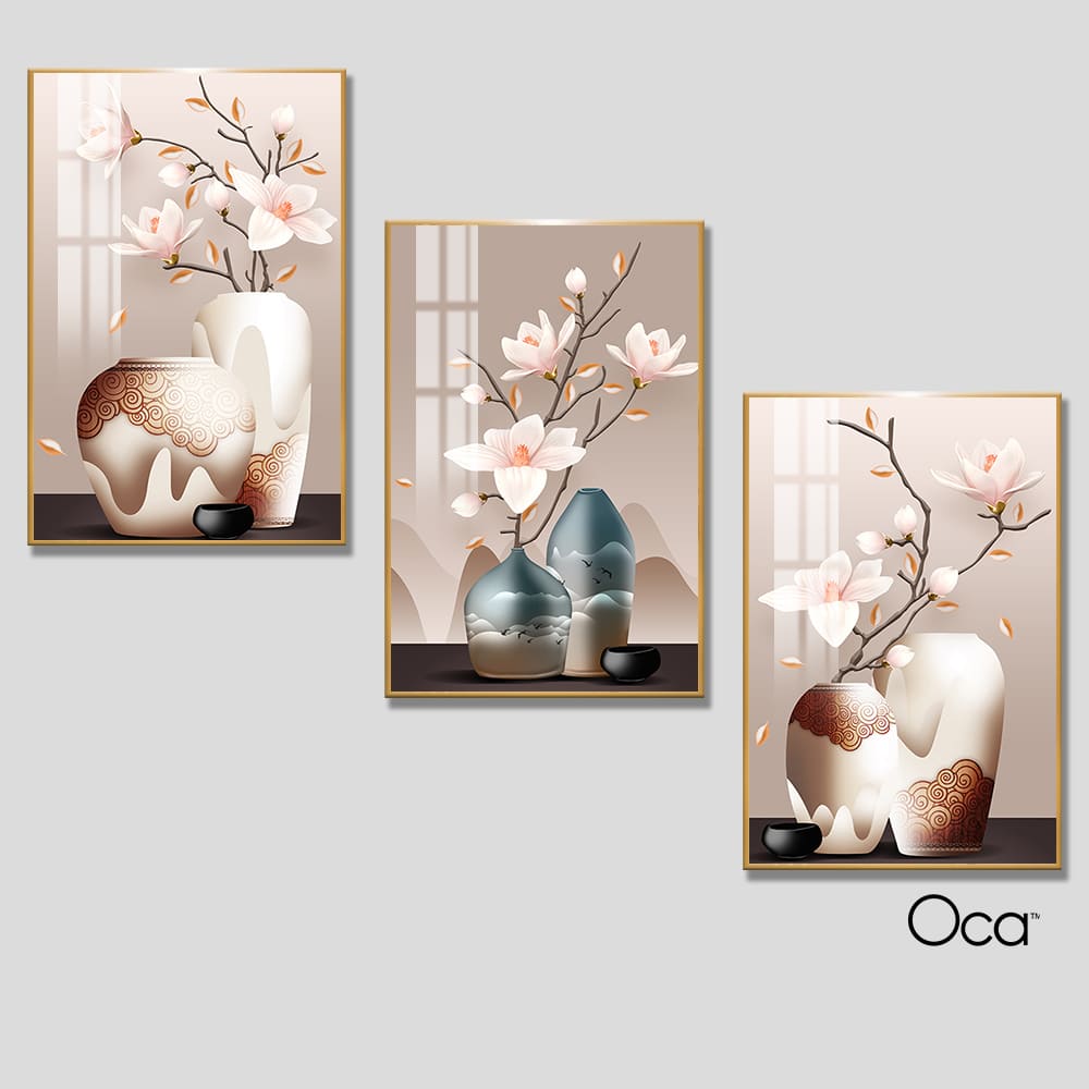 Bình hoa mộc lan | Bộ 3 tranh treo cầu thang | Mã T0321 | Oca
