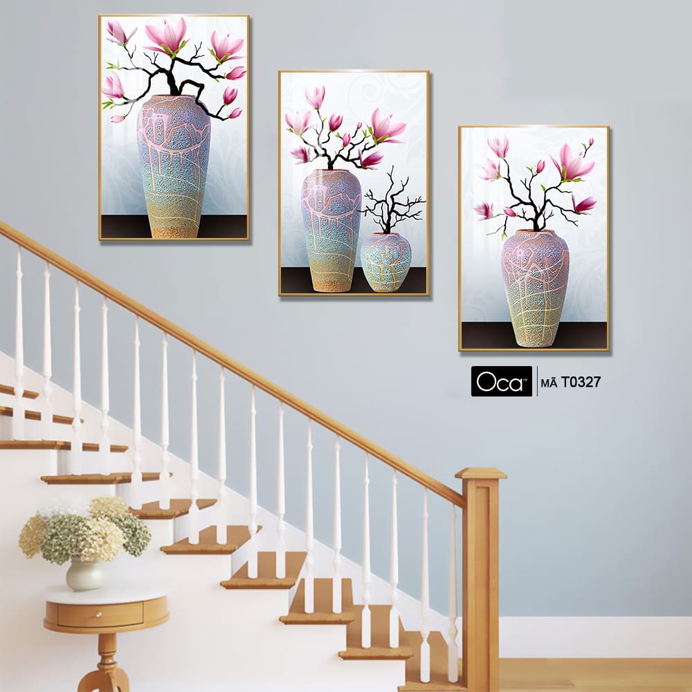 Bình hoa mộc lan | Bộ 3 tranh treo cầu thang | Mã T0327 | Oca - Ảnh 2