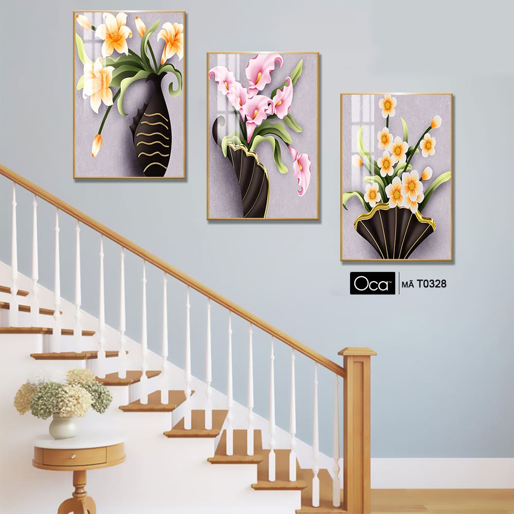 Bình hoa mộc lan | Bộ 3 tranh treo cầu thang | Mã T0328 | Oca - Ảnh 4