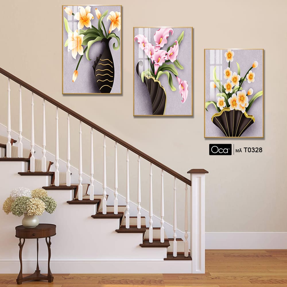 Bình hoa mộc lan | Bộ 3 tranh treo cầu thang | Mã T0328 | Oca - Ảnh 3