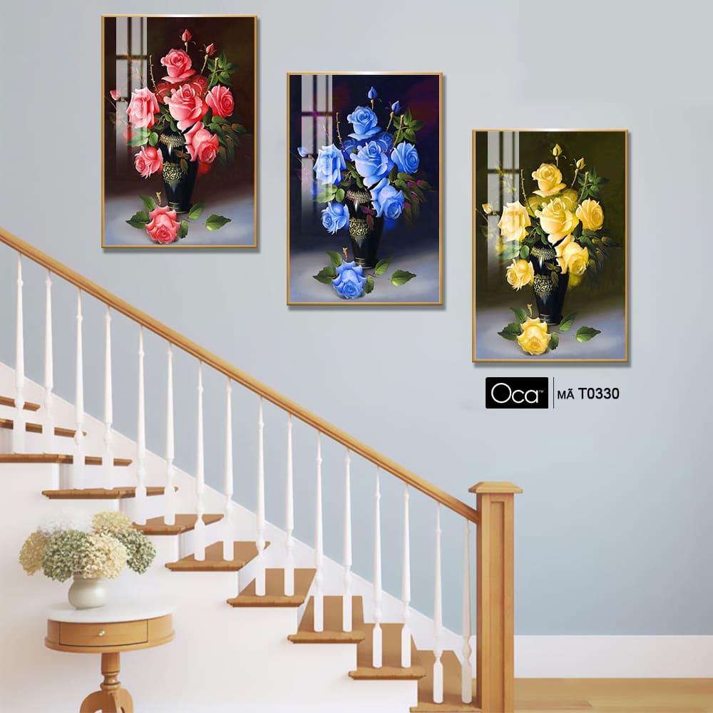 Bình hoa hồng | Bộ 3 tranh treo cầu thang | Mã T0330 | Oca - Ảnh 4