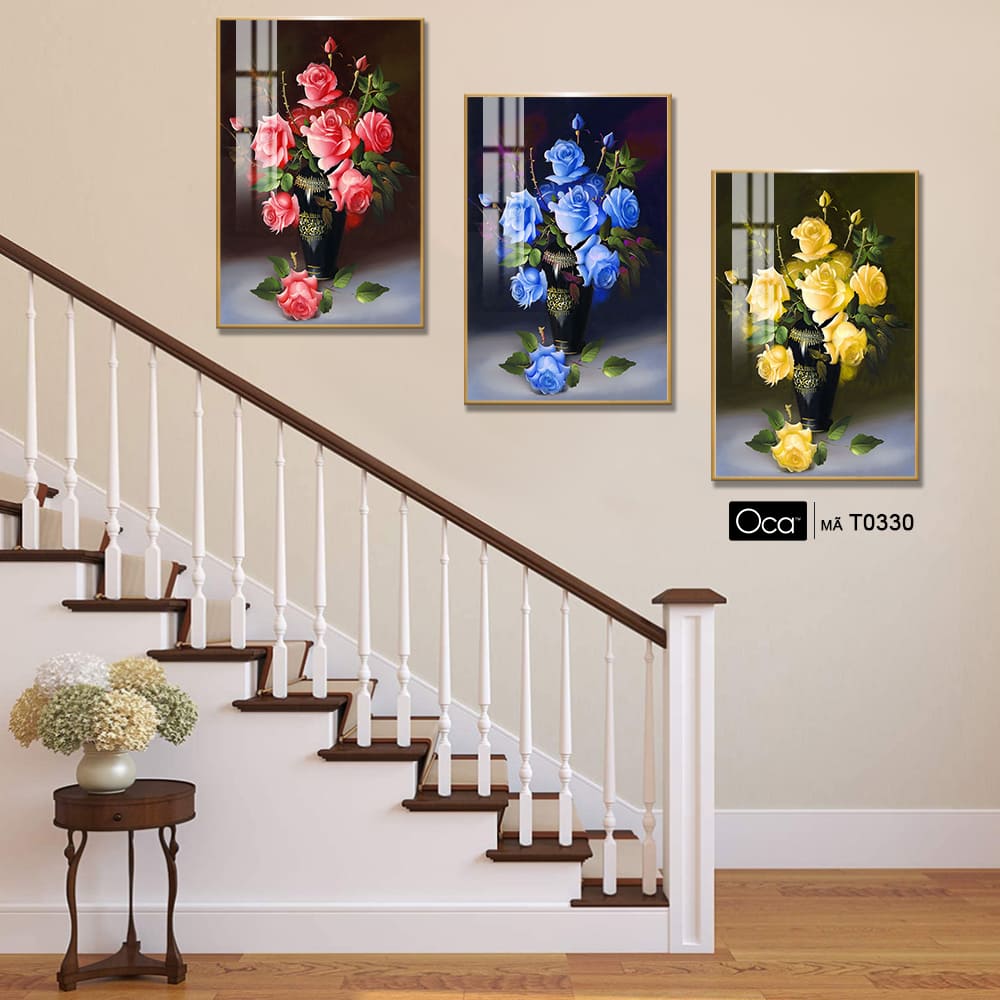 Bình hoa hồng | Bộ 3 tranh treo cầu thang | Mã T0330 | Oca - Ảnh 2