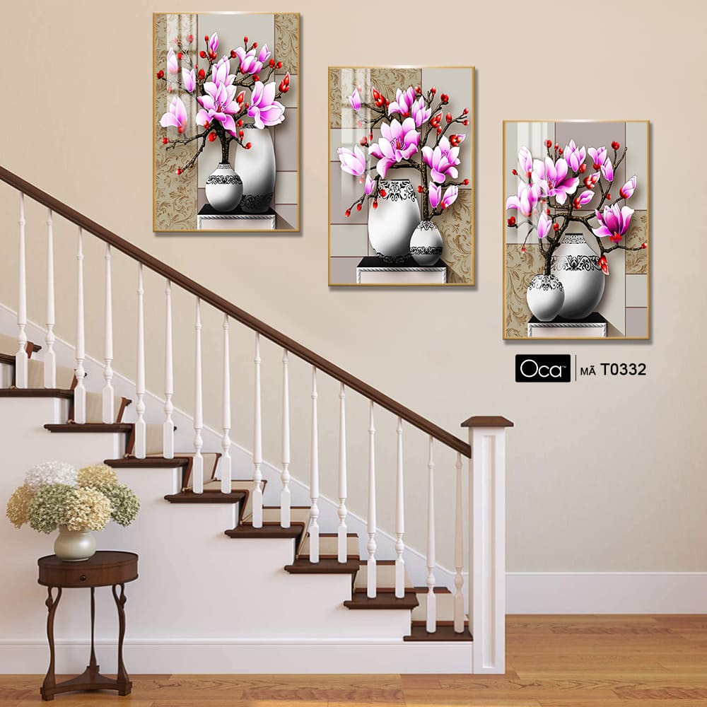 Bình hoa mộc lan | Bộ 3 tranh treo cầu thang | Mã T0332 | Oca - Ảnh 3