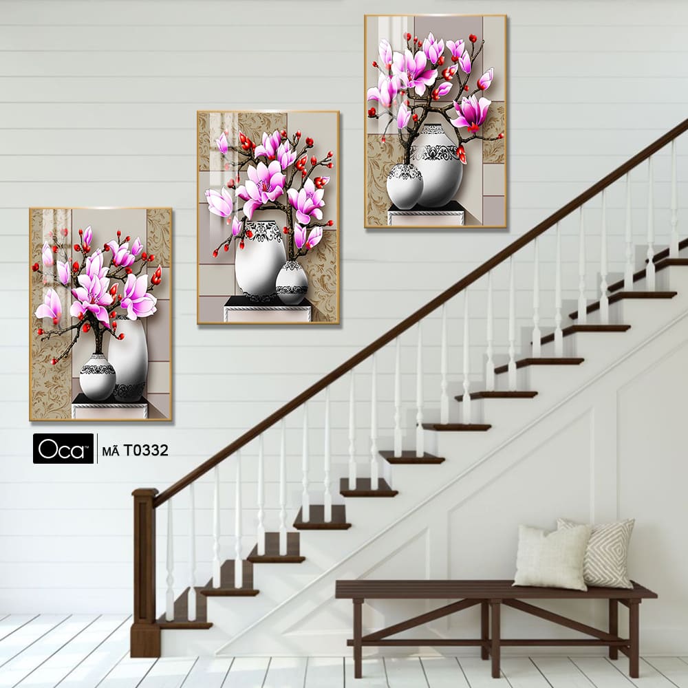 Bình hoa mộc lan | Bộ 3 tranh treo cầu thang | Mã T0332 | Oca - Ảnh 2