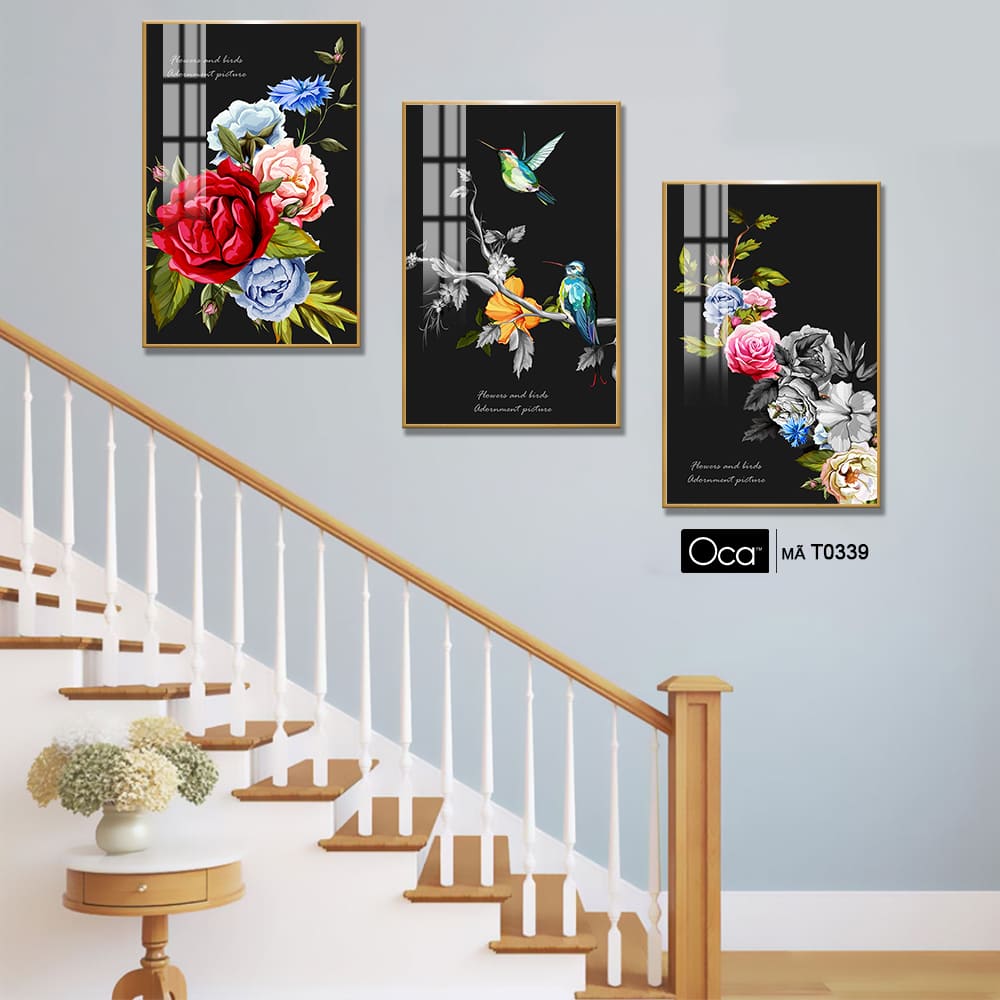 Nhành hoa hồng | Bộ 3 tranh treo cầu thang | Mã T0339 | Oca - Ảnh 2