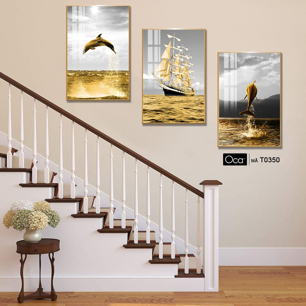 Phong cảnh biền vàng | Bộ 3 tranh treo cầu thang | Mã T0350 | Oca - Ảnh 4