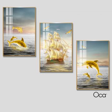 Hoàng hôn trên biển | Bộ 3 tranh treo cầu thang | Mã T0351 | Oca