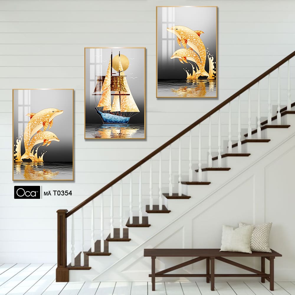 Phong cảnh đêm vàng | Bộ 3 tranh treo cầu thang | Mã T0354 | Oca - Ảnh 2