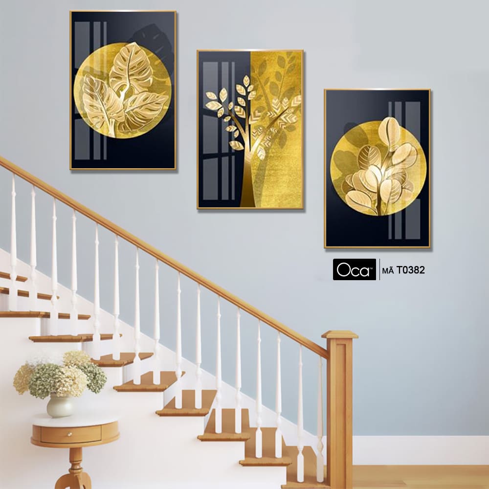 Những chiếc lá ánh kim | Bộ 3 tranh treo cầu thang | Mã T0382 | Oca - Ảnh 3
