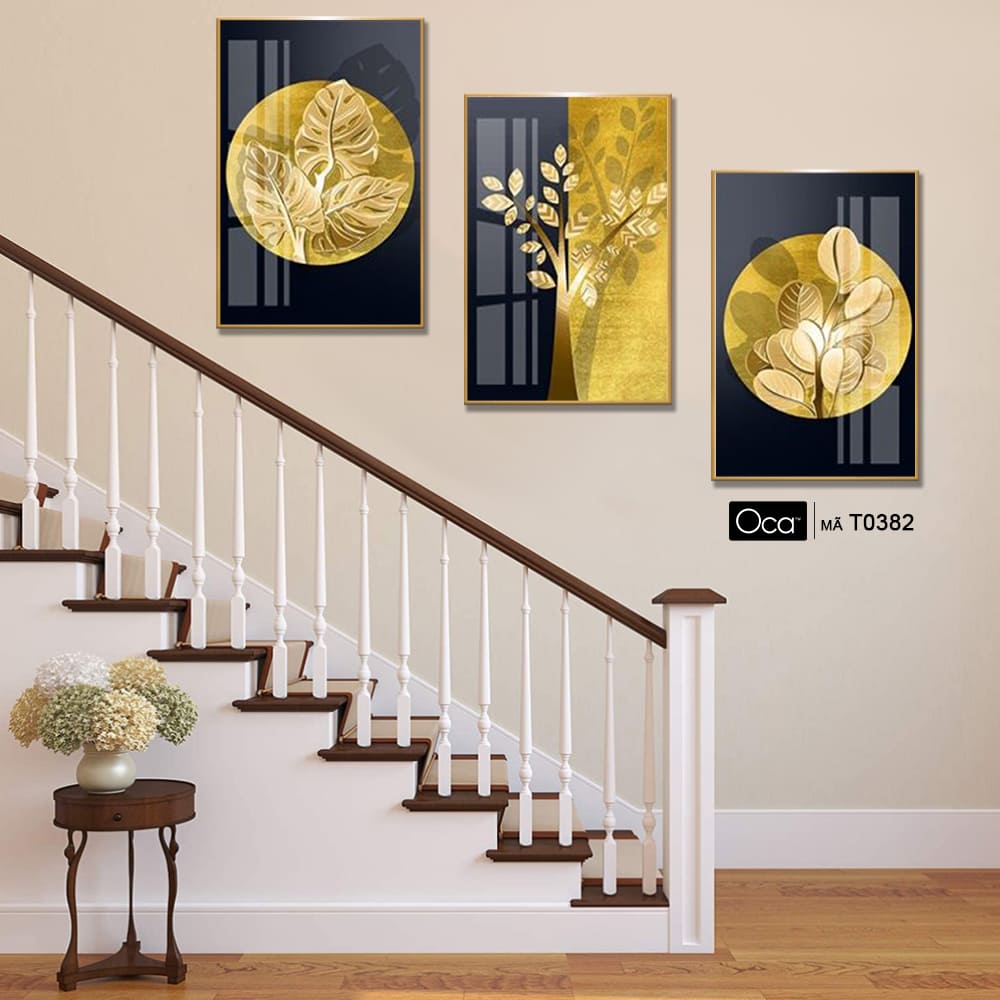 Những chiếc lá ánh kim | Bộ 3 tranh treo cầu thang | Mã T0382 | Oca - Ảnh 4
